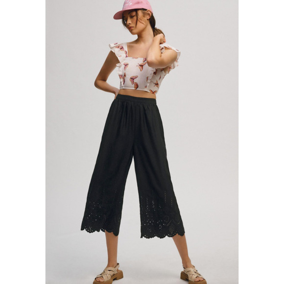 by Anthropologie Wide Leg Capri Pants 4 Black Eyelet Boho Chic Resort Travel - Picture 8 of 16